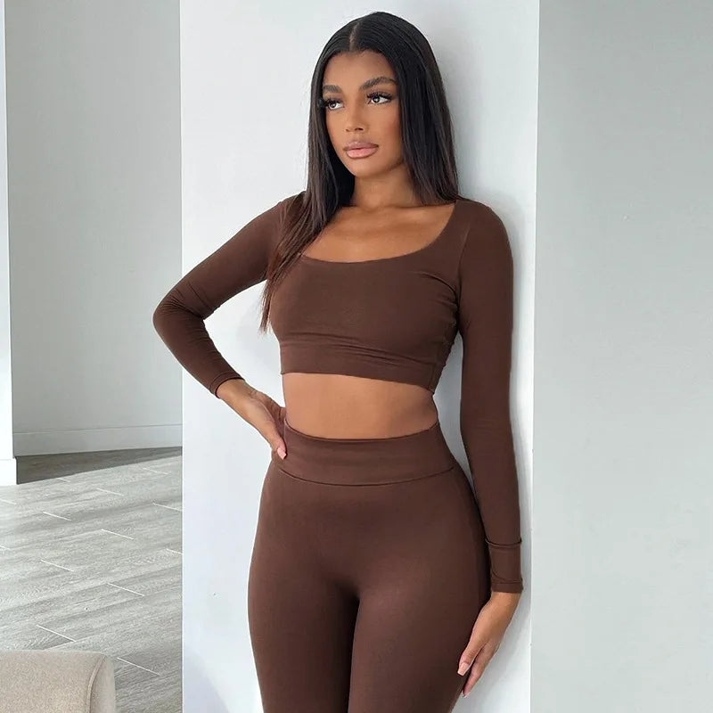 Classic Two-Piece Women's Fall Outfit: Low Neck Crop Top and Skinny Pencil Pants Matching Set 2022