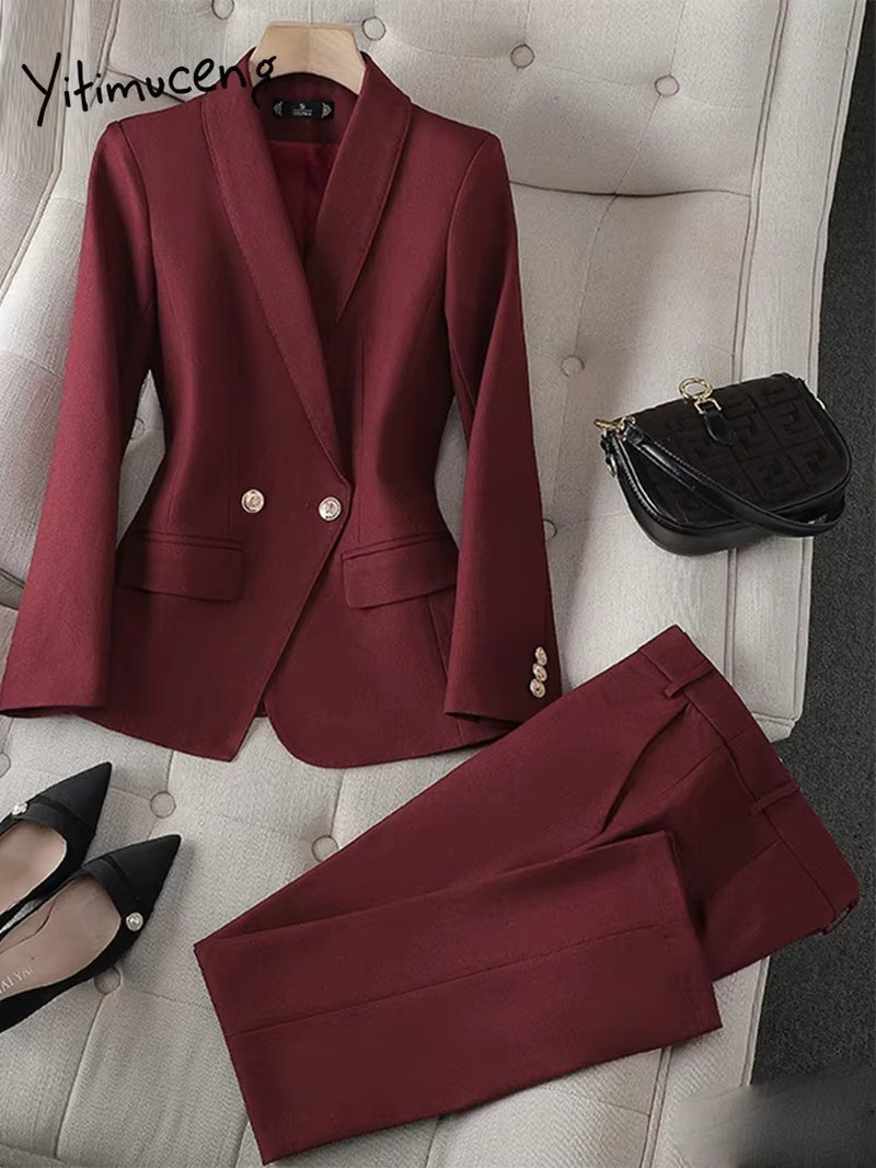 Office Ladies Two Piece Sets Womens Outifits 2023 Double Breasted Turn down Collar Blazers Solid Casual Pant Suits