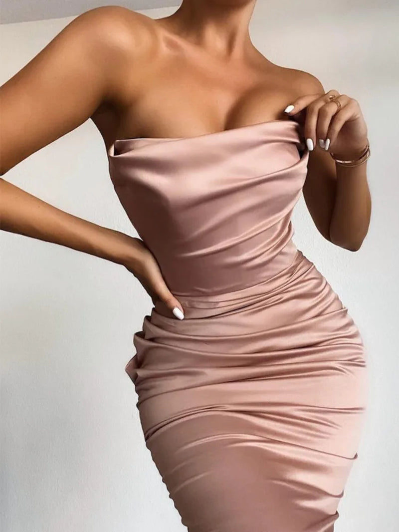 Abito Lungo in Satin Sexy da Donna – Spalle Scoperte, Senza Maniche, Schiena Scoperta