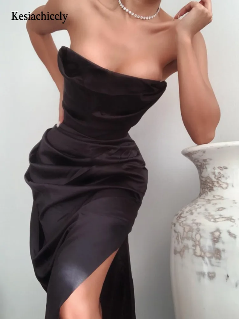 Abito Lungo in Satin Sexy da Donna – Spalle Scoperte, Senza Maniche, Schiena Scoperta