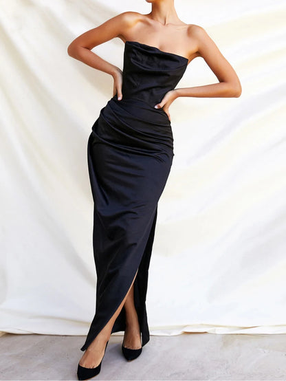 Abito Lungo in Satin Sexy da Donna – Spalle Scoperte, Senza Maniche, Schiena Scoperta