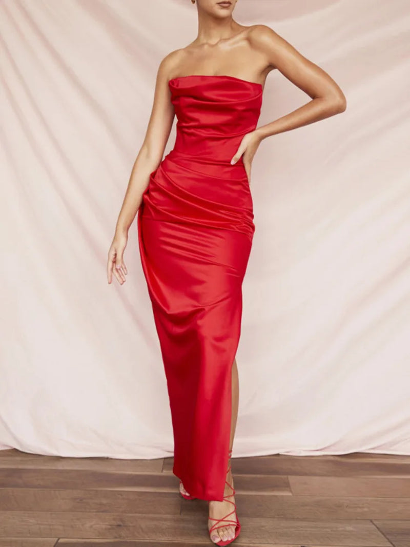 Abito Lungo in Satin Sexy da Donna – Spalle Scoperte, Senza Maniche, Schiena Scoperta