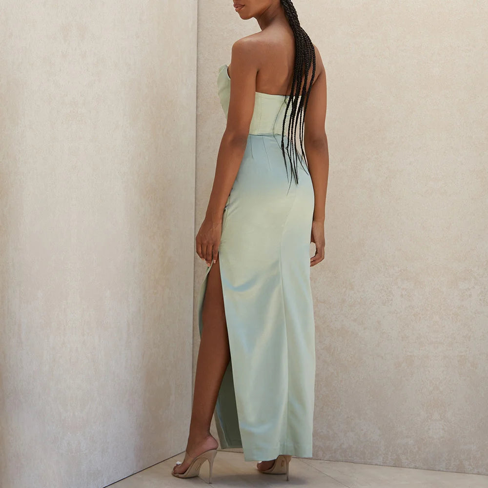 Abito Lungo in Satin Sexy da Donna – Spalle Scoperte, Senza Maniche, Schiena Scoperta