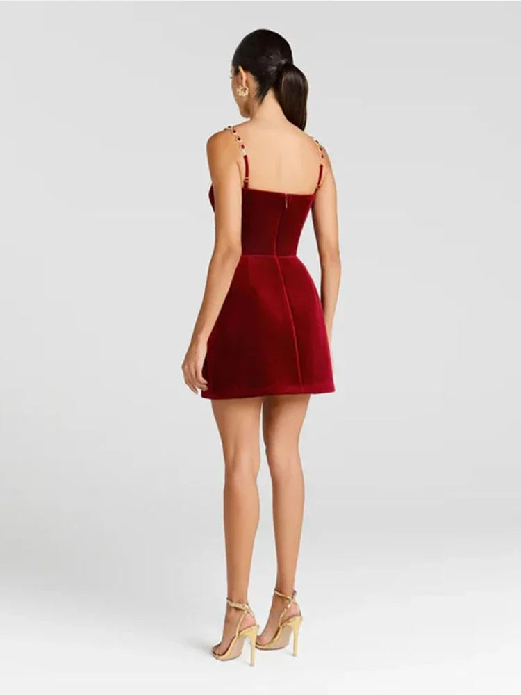 Elegant Suede Mini Dress Women Red O-Neck High Waist Short Sleeve Slim Short Dresses 2025 Winter Chic Party Evening Robe Lady