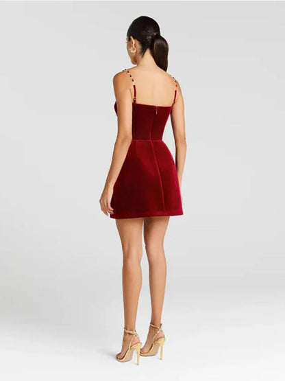 Elegant Suede Mini Dress Women Red O-Neck High Waist Short Sleeve Slim Short Dresses 2025 Winter Chic Party Evening Robe Lady