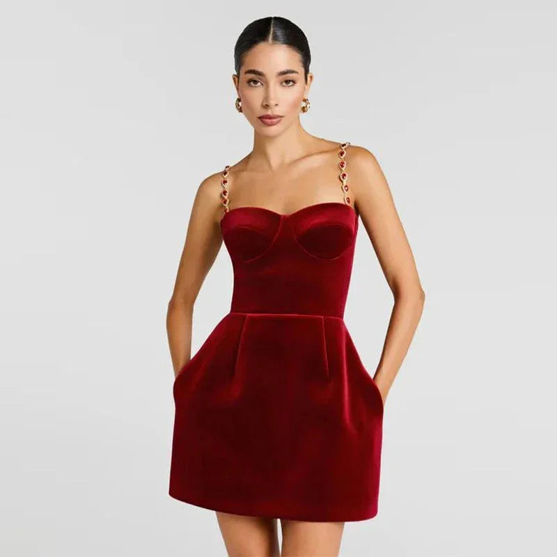 Elegant Suede Mini Dress Women Red O-Neck High Waist Short Sleeve Slim Short Dresses 2025 Winter Chic Party Evening Robe Lady