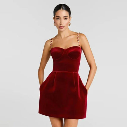 Elegant Suede Mini Dress Women Red O-Neck High Waist Short Sleeve Slim Short Dresses 2025 Winter Chic Party Evening Robe Lady