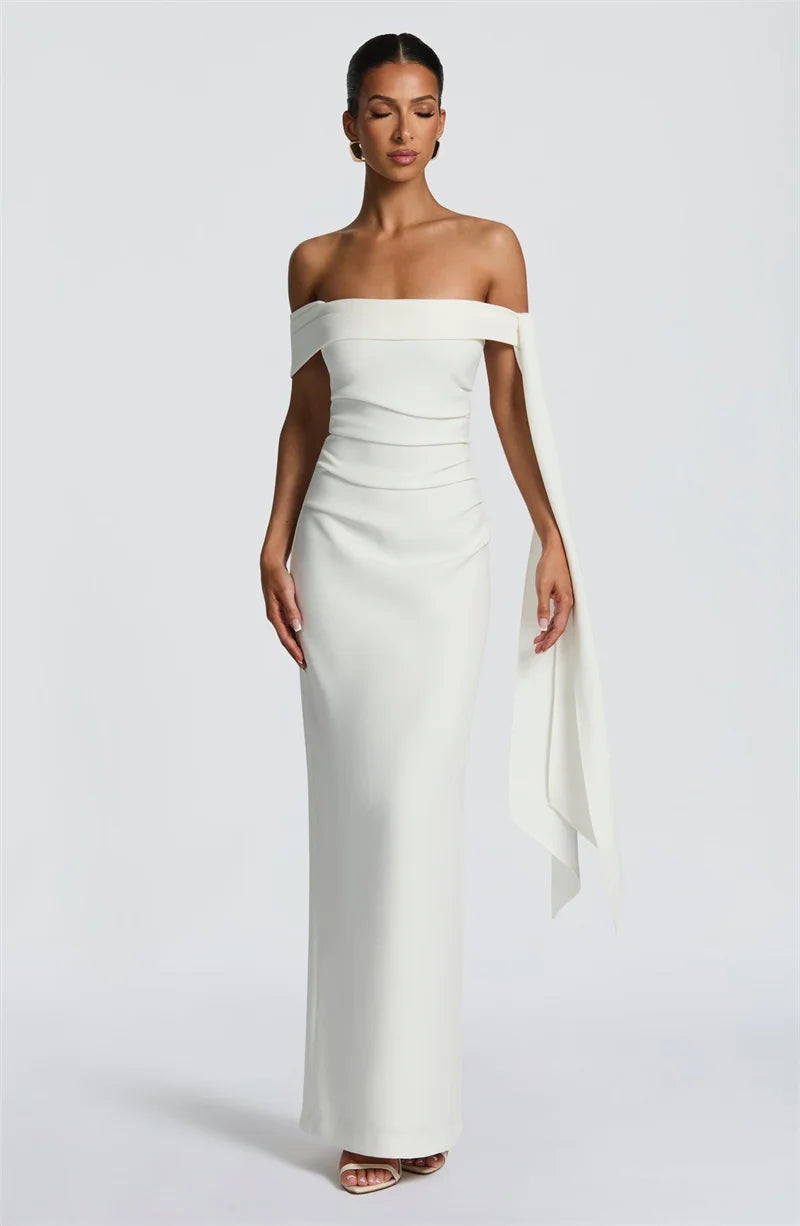 Abito Lungo da Donna – Off-Shoulder, Senza Spalline, Schiena Scoperta, Drappeggiato