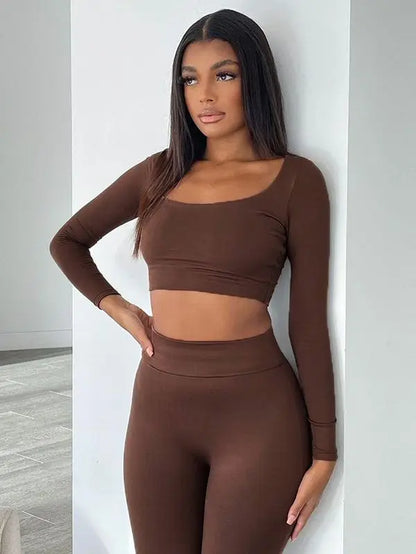 Classic Two-Piece Women's Fall Outfit: Low Neck Crop Top and Skinny Pencil Pants Matching Set 2022