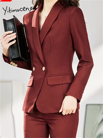 Office Ladies Two Piece Sets Womens Outifits 2023 Double Breasted Turn down Collar Blazers Solid Casual Pant Suits