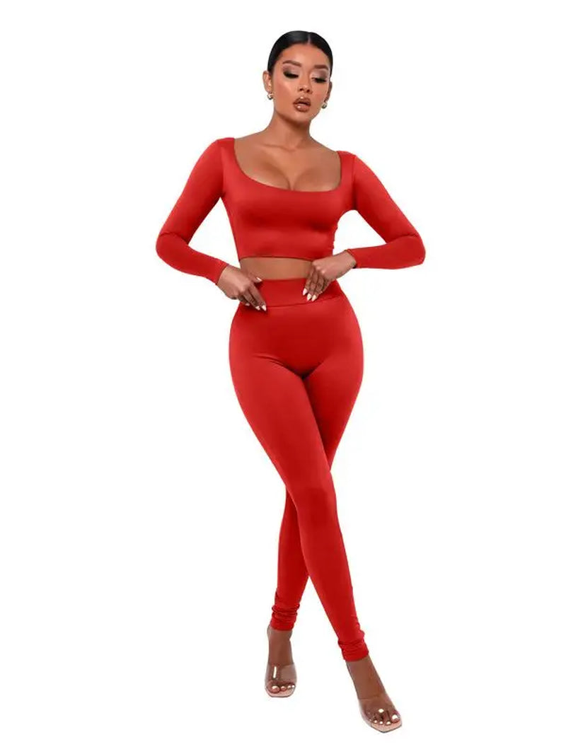 Classic Two-Piece Women's Fall Outfit: Low Neck Crop Top and Skinny Pencil Pants Matching Set 2022