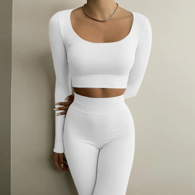 Classic Two-Piece Women's Fall Outfit: Low Neck Crop Top and Skinny Pencil Pants Matching Set 2022