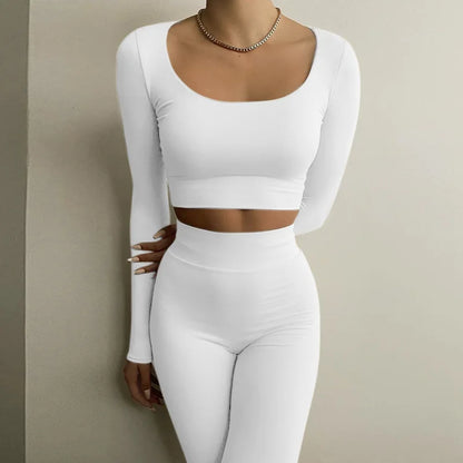 Classic Two-Piece Women's Fall Outfit: Low Neck Crop Top and Skinny Pencil Pants Matching Set 2022