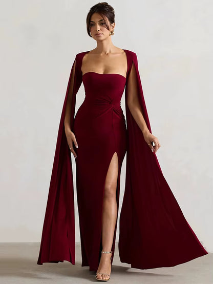 Abito Elegante da Sera con Spacco e Maniche a Mantella