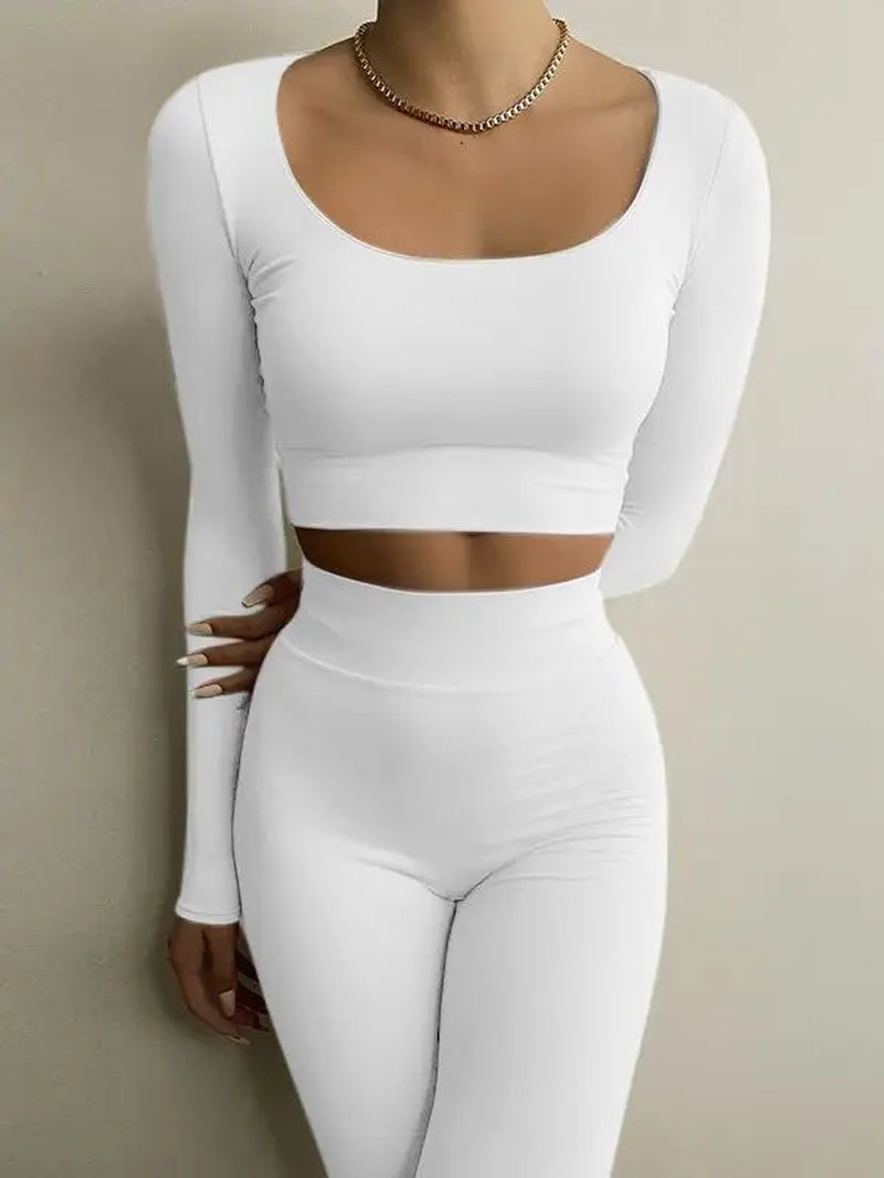 Classic Two-Piece Women's Fall Outfit: Low Neck Crop Top and Skinny Pencil Pants Matching Set 2022