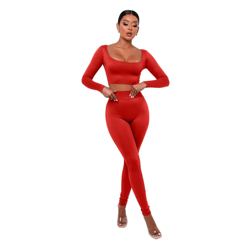 Classic Two-Piece Women's Fall Outfit: Low Neck Crop Top and Skinny Pencil Pants Matching Set 2022