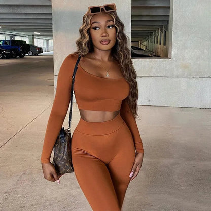 Classic Two-Piece Women's Fall Outfit: Low Neck Crop Top and Skinny Pencil Pants Matching Set 2022