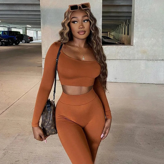 Classic Two-Piece Women's Fall Outfit: Low Neck Crop Top and Skinny Pencil Pants Matching Set 2022