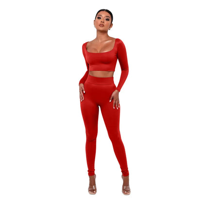 Classic Two-Piece Women's Fall Outfit: Low Neck Crop Top and Skinny Pencil Pants Matching Set 2022