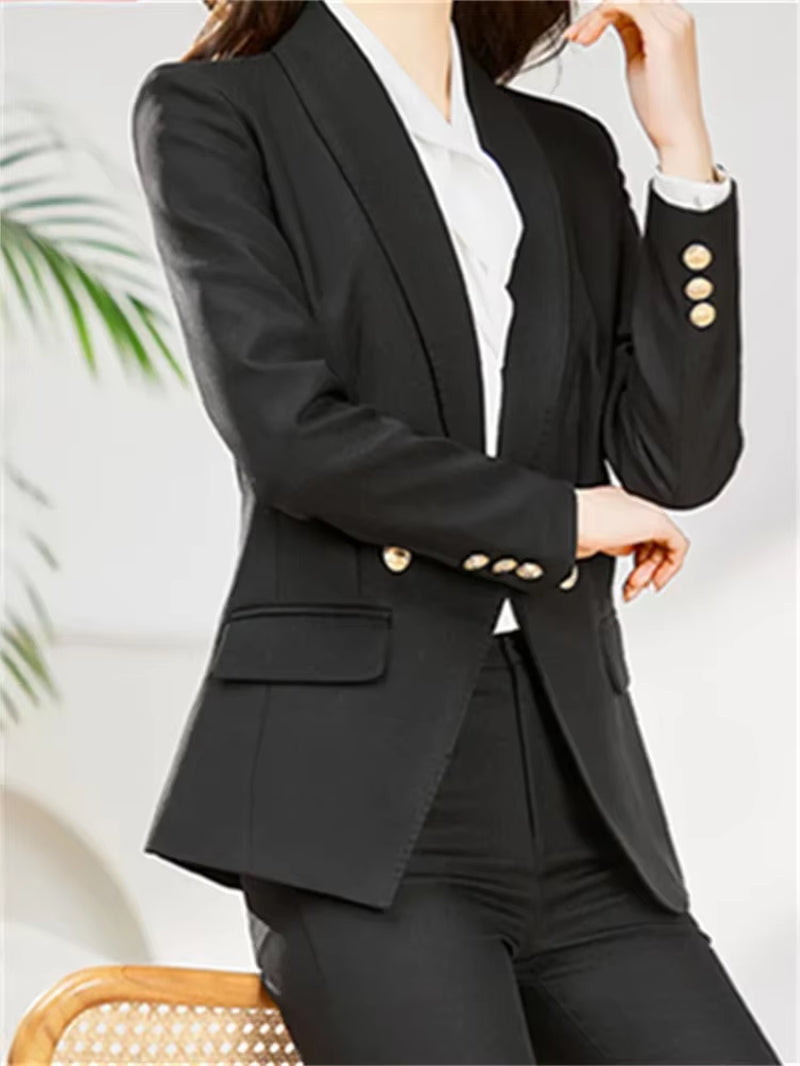Office Ladies Two Piece Sets Womens Outifits 2023 Double Breasted Turn down Collar Blazers Solid Casual Pant Suits